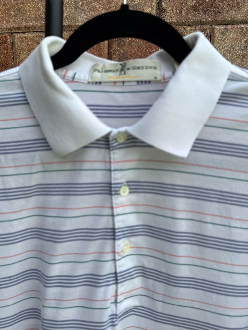 Fairway & Greene White Polo with Navy, Green & Coral Stripes